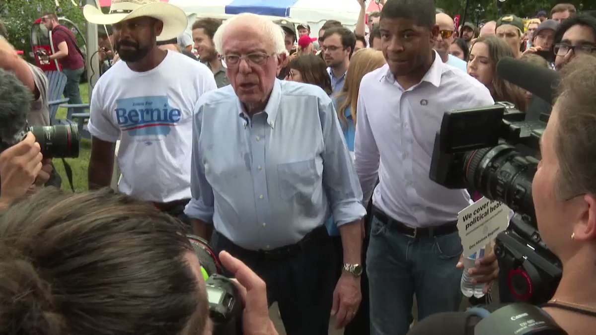 "Guys, be careful that you don't fall on your heads here. Your health insurance probably doesn't cover that." -@BernieSanders jokes with reporters as we walk backwards and sideways through yesterday's #IowaStateFair