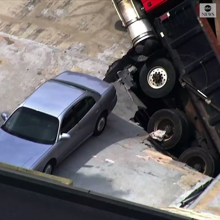 NO PARKING: Helicopter footage shows a dump truck stuck in the roof of a parking garage after falling in. Nobody was injured in the collapse, police said. https://abcn.ws/31RwxN4