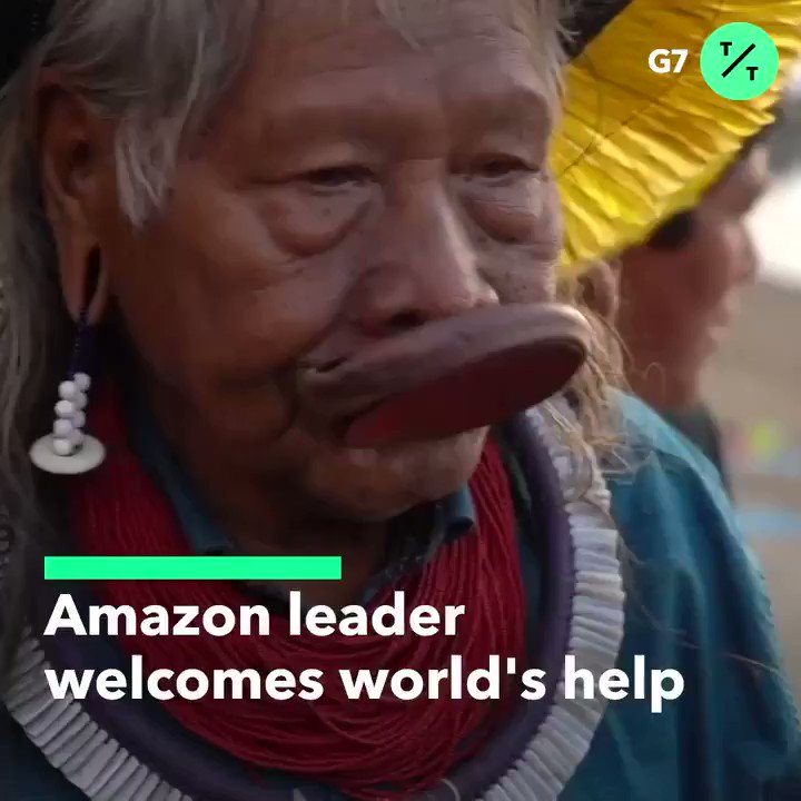 Amazon tribal Chief Raoni Metuktire has been nominated for a Nobel Peace Prize for his efforts to protect the rainforest.During the #G7, he thanked France's President Macron for highlighting the #AmazonFires @NobelPrize #NobelPrize @tictoc