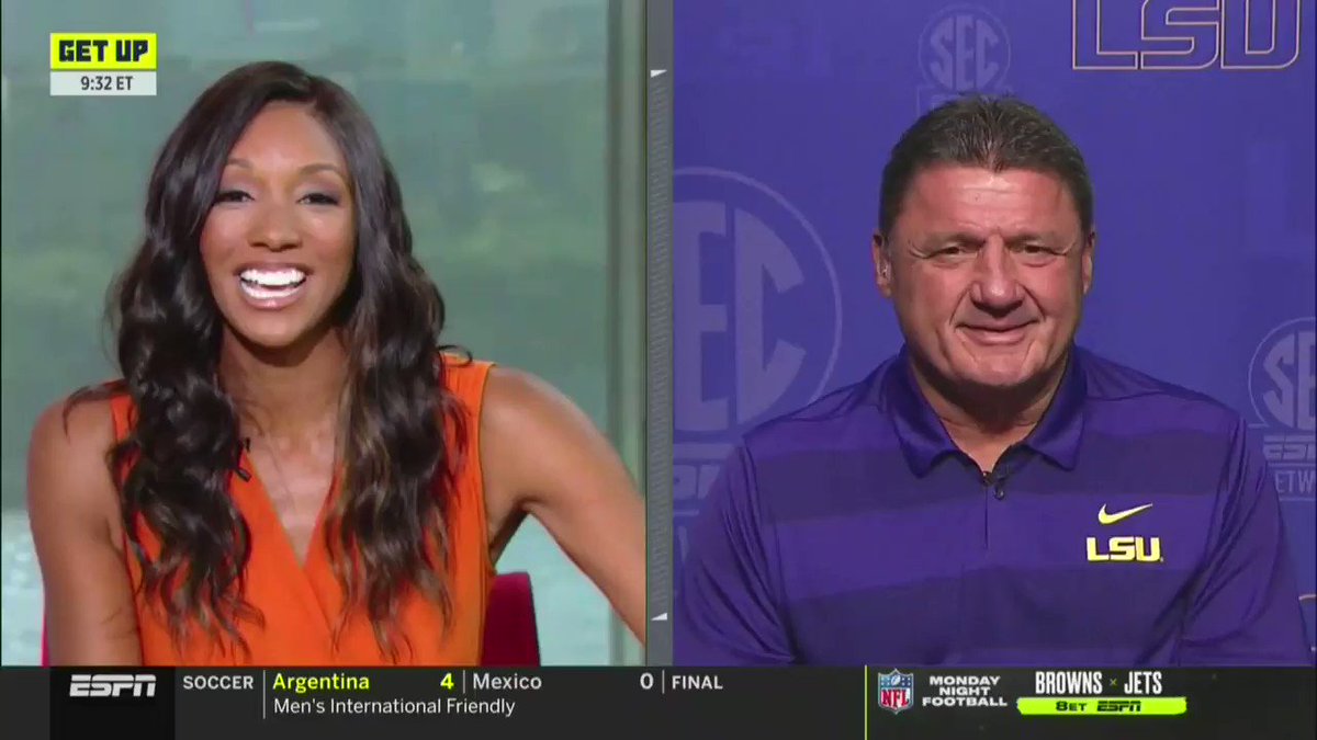LSU Football (@LSUfootball) on Twitter photo 2019-09-11 20:10:35 .@Coach_EdOrgeron joined @GetUp with @MariaTaylor and @Realrclark25 to talk about the win over Texas! ๐บ @ESPN .@Coach_EdOrgeron joined @GetUp with @MariaTaylor and @Realrclark25 to talk about the win over Texas! ๐บ @ESPN