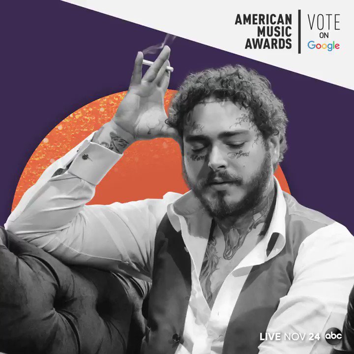 American Music Awards (@AMAs) on Twitter photo 2019-10-24 16:12:00 Now they always say congratulations... and for good reason. @PostMalone has SEVEN nominations, making him the most nominated artist at the #AMAs this year! Vote now on @Google ➡️ goo.gle/AMAsVote Now they always say congratulations... and for good reason. @PostMalone has SEVEN nominations, making him the most nominated artist at the #AMAs this year! Vote now on @Google ➡️ goo.gle/AMAsVote