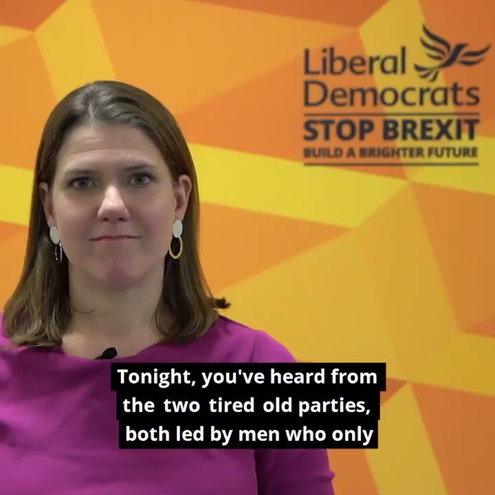 Jo Swinson (@joswinson) on Twitter photo 2019-11-19 22:23:46 The voice of Remain was shut out of #ITVDebate tonight. You heard nothing new from two backwards looking parties, both of whom want to deliver Brexit. You can choose differently. On 12 December, vote Liberal Democrat to stop Brexit and build a brighter future. The voice of Remain was shut out of #ITVDebate tonight. You heard nothing new from two backwards looking parties, both of whom want to deliver Brexit. You can choose differently. On 12 December, vote Liberal Democrat to stop Brexit and build a brighter future.