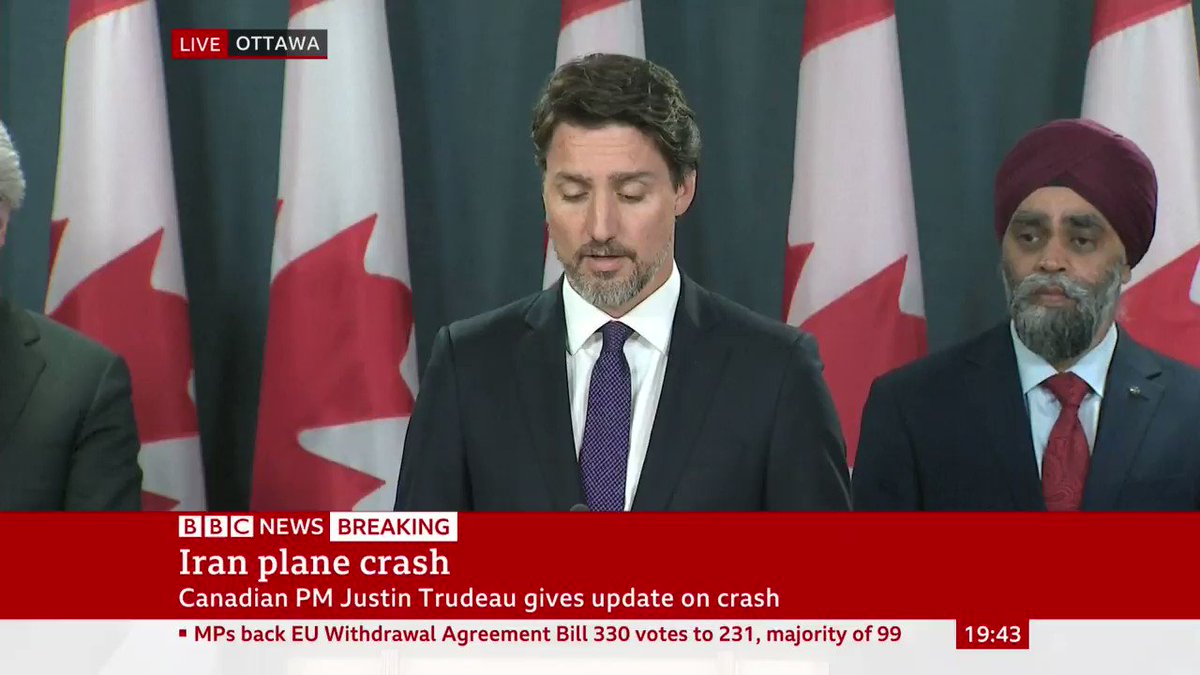 "The plane was shot down by an Iranian surface-to-air missile, this may well have been unintentional"
Canadian PM Justin Trudeau calls for a "thorough investigation" into crash of Ukrainian plane near Tehran killing 176 people, including 63 Canadians
http://bbc.in/2QDjZpT