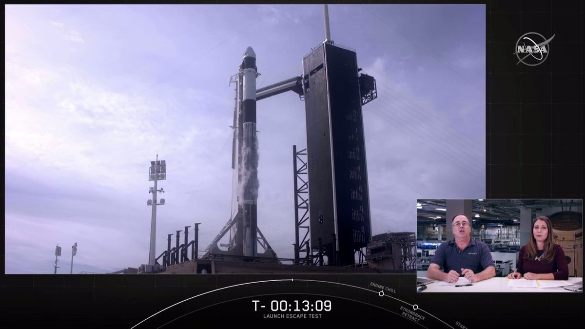 Today’s @SpaceX In-Flight Abort test, which does not have @NASA_Astronauts onboard the spacecraft, is intended to demonstrate #CrewDragon’s ability to reliably carry crew to safety in the unlikely event of an emergency on ascent. Watch: https://twitter.com/i/broadcasts/1lDGLozemrbKm