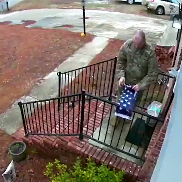 ABC News (@ABC) on Twitter photo 2020-01-19 21:42:19 HONOR THE FLAG: A man wearing military garb was seen on a North Carolina residents security camera picking up and then properly folding an American flag that was torn from its pole during a storm, before leaving it at the door and walking off. abcn.ws/3asK4zF HONOR THE FLAG: A man wearing military garb was seen on a North Carolina residents security camera picking up and then properly folding an American flag that was torn from its pole during a storm, before leaving it at the door and walking off. abcn.ws/3asK4zF