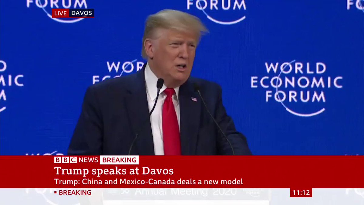 "We urge our friends in Europe to use America's vast supply and achieve true energy security"President Donald Trump - speaking at the World Economic Forum - says the US is "on the threshold of virtually unlimited reserves of energy"http://bbc.in/3awOBkE