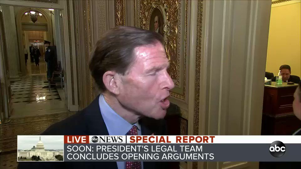 NEW: Sen. Richard Blumenthal whether Republicans have votes to block witnesses: "They may have the votes at this moment, but I hope my colleagues will look themselves in the mirror and look at how they will be viewed by history and by their constituents." http://abcn.ws/37AZyQi
