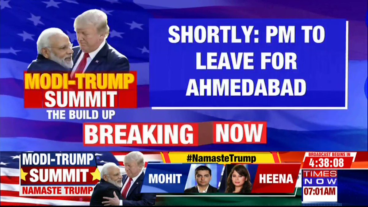 #Breaking | PM @NarendraModi to leave for Ahmedabad shortly. Details by TIMES NOW's Kajal, Madhavdas & Megha.| #NamasteTrump #ModiTrumpSummit