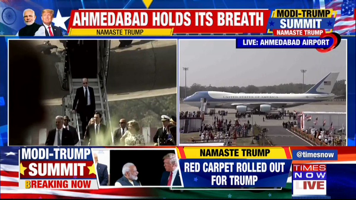 #LIVE | U.S President @realDonalTrump, 1st Lady Melania Trump (@MELANIATRUMP) arrive at Ahmedabad, India.
The red carpet has been rolled out for the grand welcome.
TIMES NOW's Editor-in-Chief Rahul Shivshankar & Maroof Raza with details. | #ModiTrumpSummit #NamasteTrump