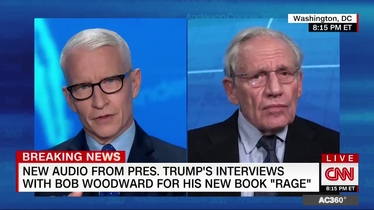 "It's terrifying to hear you say it," says @andersoncooper, reacting to journalist Bob Woodward's claim that President Trump does not know the difference between what is real and what is unreal in his own head https://t.co/x6kYPC2Mjf
