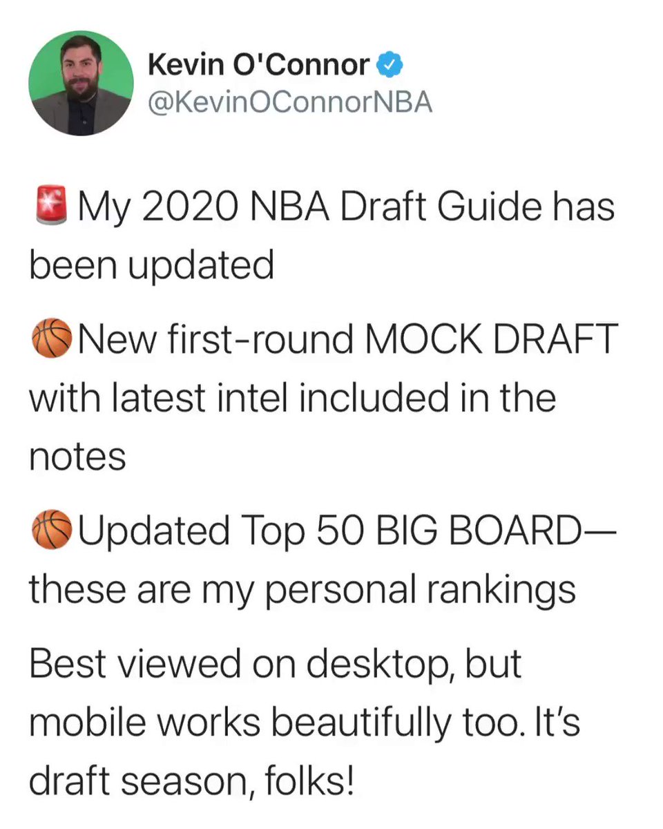 #RingerNBA (@ringernba) on Twitter photo 2020-10-24 16:07:00 Get pumped and jacked for the #NBAdraft!!! @KevinOConnorNBA updated his first-round mock draft AND his top-50 big board. Feel free to skim, peruse, or deep dive. ➡️ nbadraft.theringer.com Get pumped and jacked for the #NBAdraft!!! @KevinOConnorNBA updated his first-round mock draft AND his top-50 big board. Feel free to skim, peruse, or deep dive. ➡️ nbadraft.theringer.com