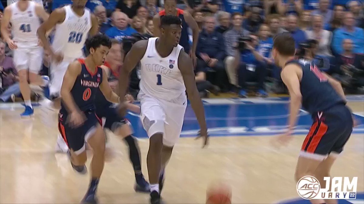 This play was absolutely ๐ง๐๐๐๐๐ช๐ก๐ค๐ช๐จ...
โช๏ธ In-and-out crossover in transition
โช๏ธ Tomahawk with opposite hand
โช๏ธ And-1 poster through a 7-footer foul
@Zionwilliamson was different on so many levels... #Jamuary
@DukeMBB | @PelicansNBA https://t.co/P4NauMNy1l