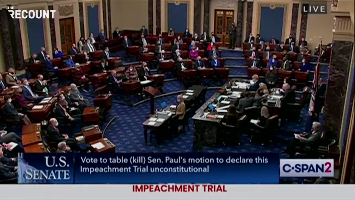 Senate rejects Sen. Rand Paul's (R-KY) attempt to declare Trump's impeachment trial unconstitutional, 55-45.
(Sen. Mitch McConnell sided with Paul's motion.) https://t.co/yPU2ZcHZFV