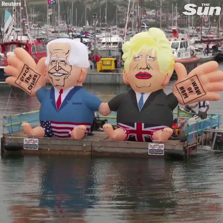 Blimps of Boris Johnson and Joe Biden float around Cornwall's coast as G7 summit gets underway