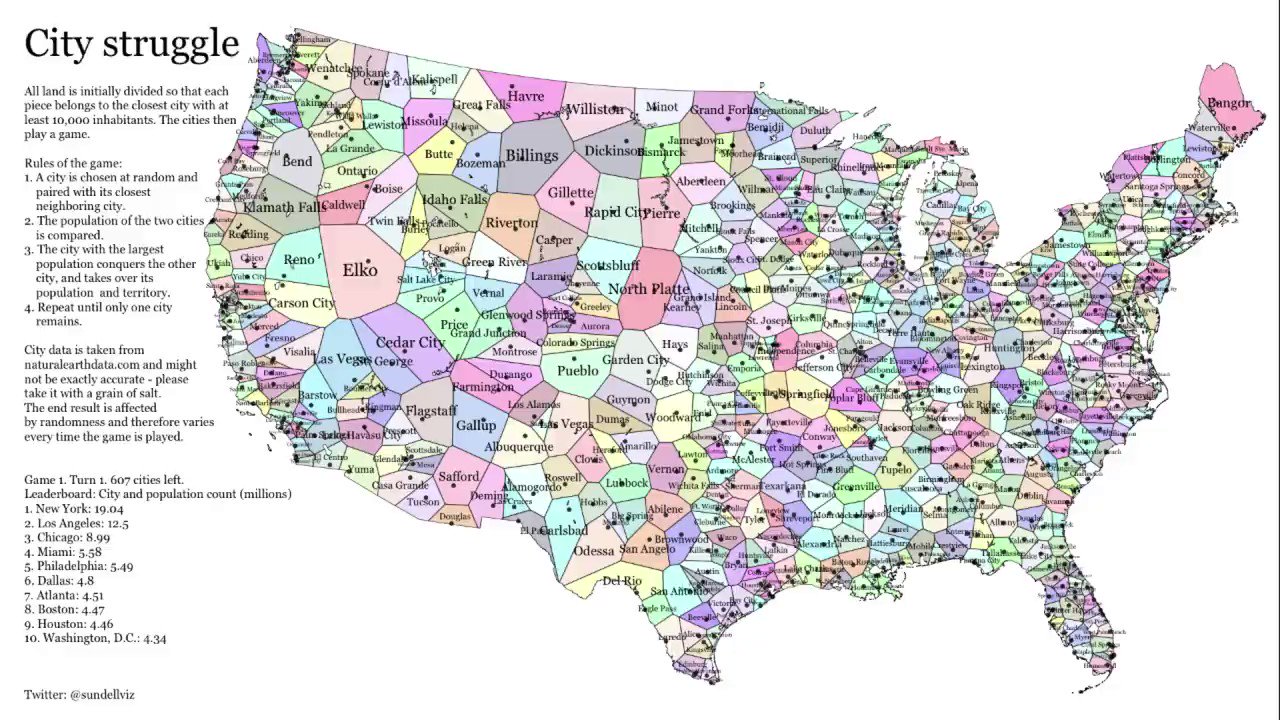 City Of Bend Interactive Map تويتر \ Anders Sundell على تويتر: "A Simulation Where Larger Us Cities Eat  Smaller Neighbors And Grow Stronger. The Order Of Which City Gets To Eat Is  Randomized, Which Means That The