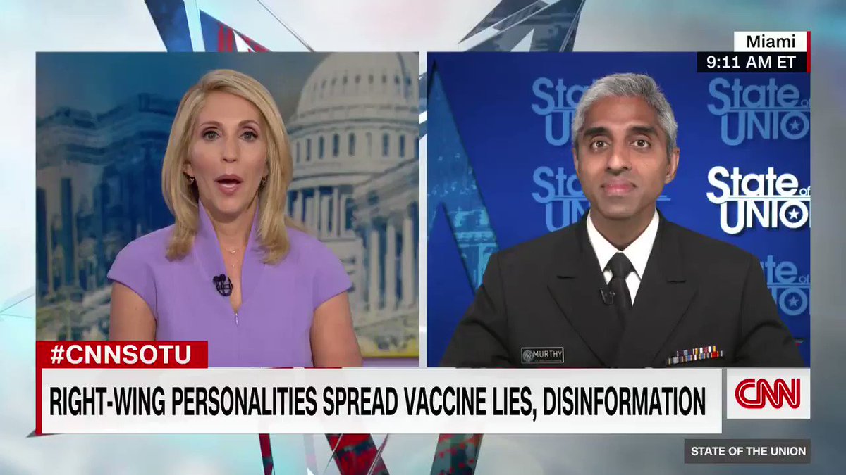 “My worry is that all this misinformation that’s floating around is having a real cost that can be measured in lives lost and that is just tragic,” says US Surgeon General Vivek Murthy on the spread of vaccine disinformation on social media and by conservative media. #CNNSOTU https://t.co/hBTk3NDs9s