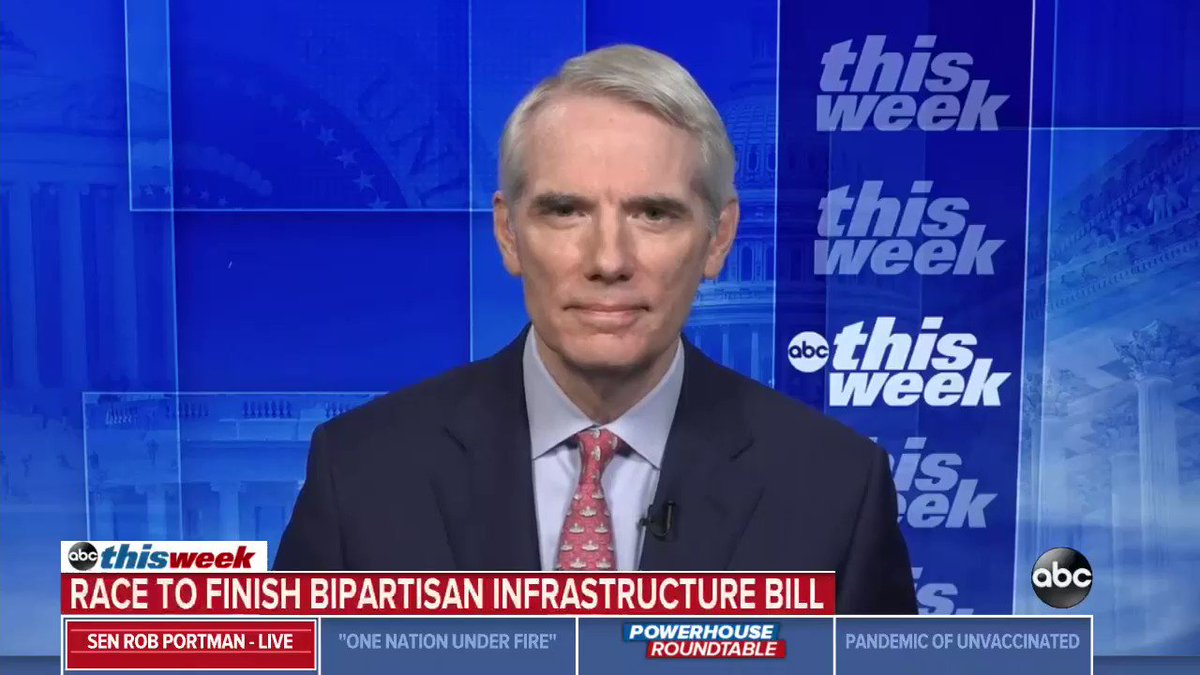 NEW: @senrobportman tells @gstephanopoulos, "I'm not happy" with @SpeakerPelosi's plan to hold off on a vote for the bipartisan infrastructure package.
GS: "Does that mean we'll end up with nothing?"
Portman: "If she has her way, we could." https://t.co/GmUdzEVvv1 https://t.co/6EUv93e13v