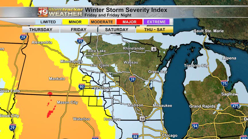 A strong storm system will bring heavy snow to southwestern parts of Minnesota into Iowa. Lesser snow will fall for our area and roads could become slippery on Friday. More on News 19 this evening! https://t.co/sUplqdr1GM #SnowStorm https://t.co/w8WgIvoB5t