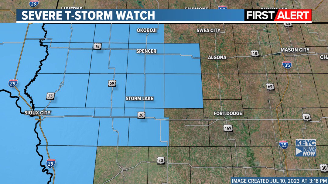ALERT: Severe Thunderstorm Watch is in effect until 7/10 10:00PM. Conditions are favorable for severe t-storms that could produce large hail, damaging wind gusts and even an isolated tornado. Be weather aware... Storms could develop quickly. #mnwx #iawx https://t.co/g85HFHayoN