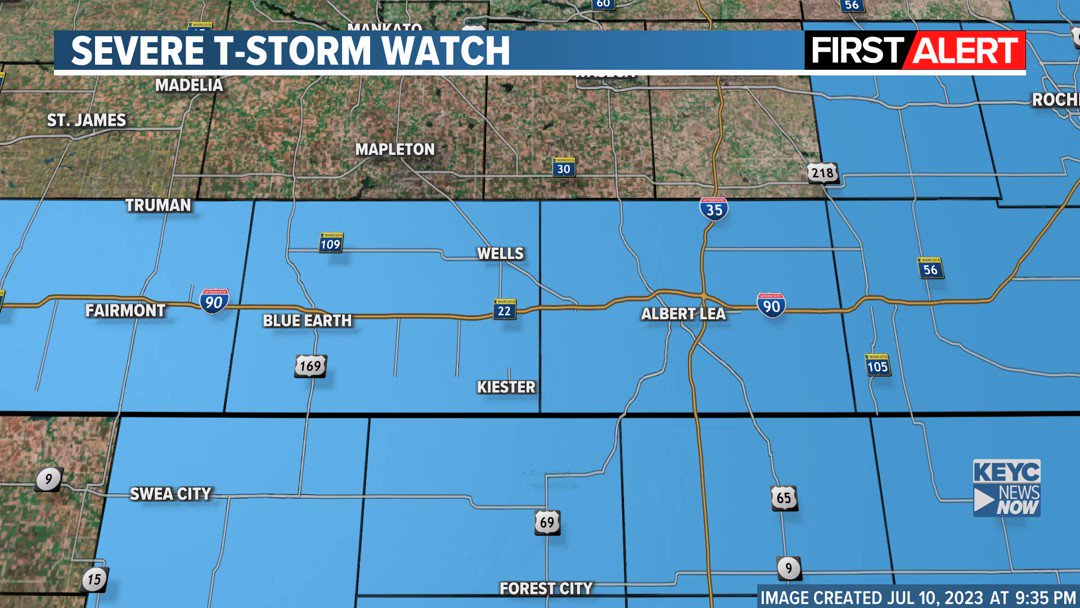 ALERT: Severe Thunderstorm Watch is in effect until 7/11 12:00AM. Conditions are favorable for severe t-storms that could produce large hail, damaging wind gusts and even an isolated tornado. Be weather aware... Storms could develop quickly. #mnwx #iawx https://t.co/fNZozAyRGJ