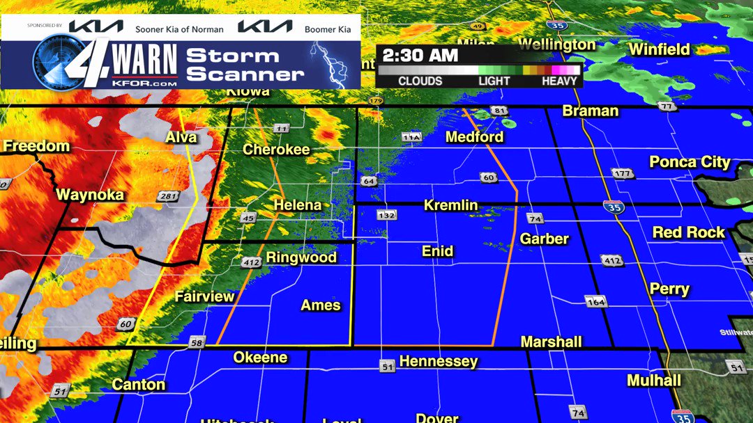 A Severe Thunderstorm Warning is out for the following counties: Garfield, Alfalfa, Grant, Major until Jul 21 4:00AM. Seek shelter immediately! Interactive radar: https://t.co/iQQGE2ZX4T #OKWX @kfor https://t.co/okEvniPTje