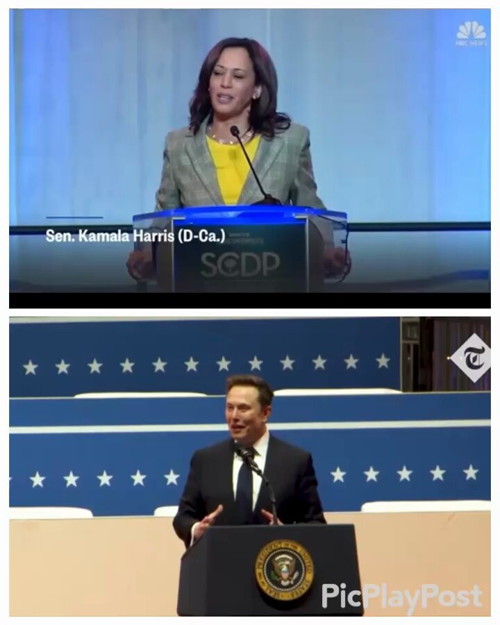 These arm gestures are not the same so stop playing in our face. 

-Kamala raises her arm while talking
-He hits his chest and salutes 2x 