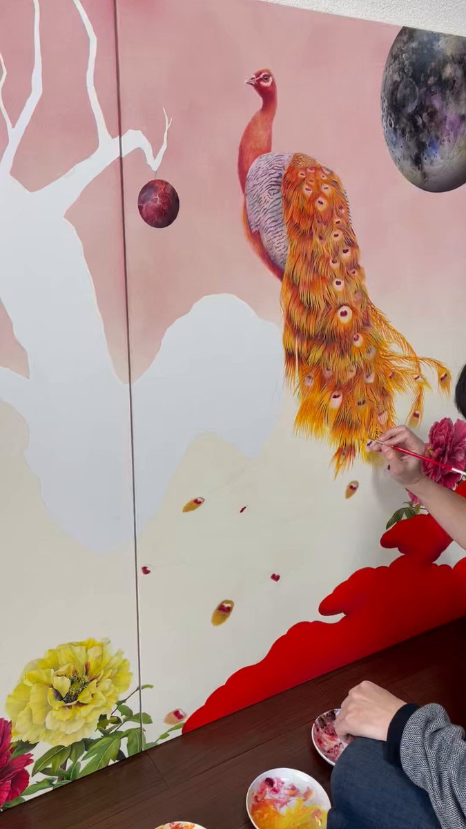 曲子明良「水の畔」日本画 額装 共シール 日展会員 師:西山英雄 D 展覧会「「花様年華−顧洛水‧高資婷2人展−」 ～第 19 回大学