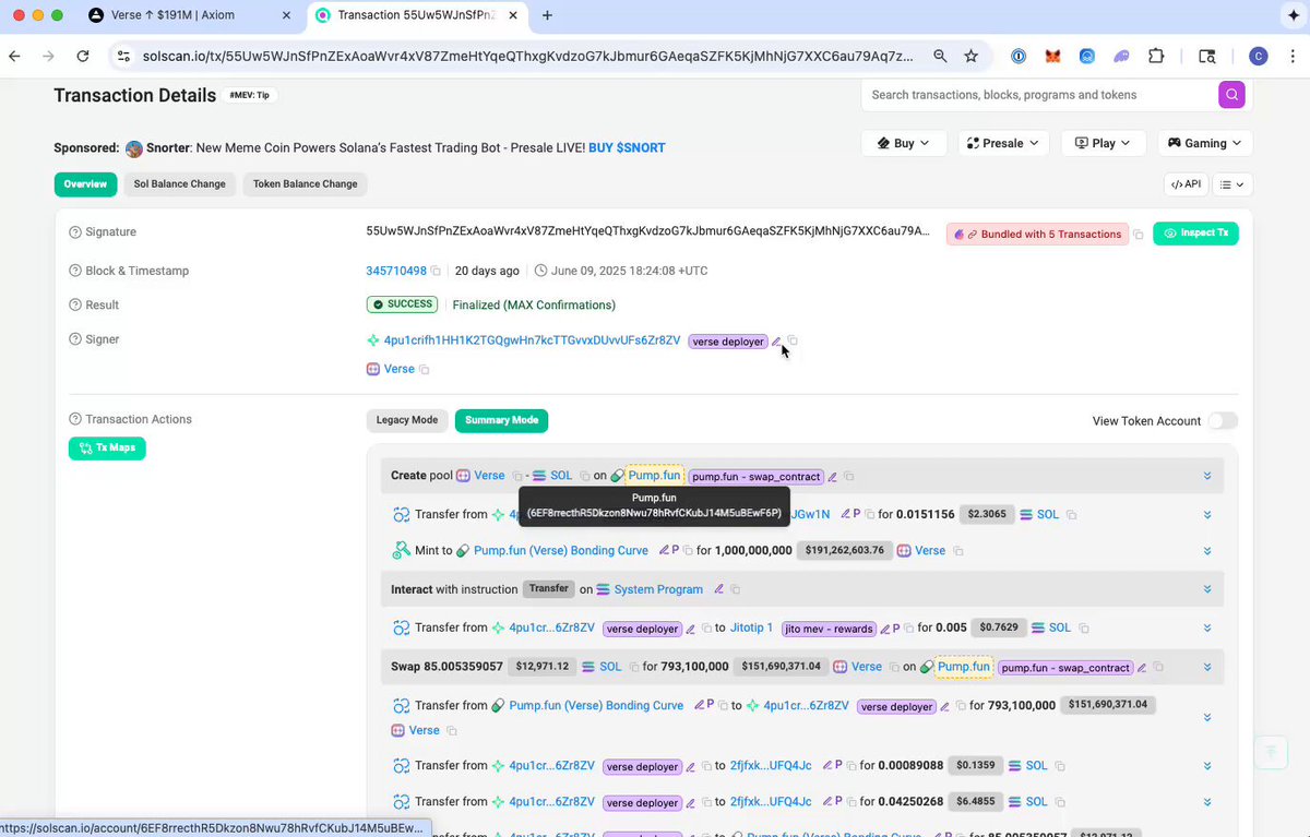 Screenshot of Solscan showing Jito Bundle details for VerseWorld token launch