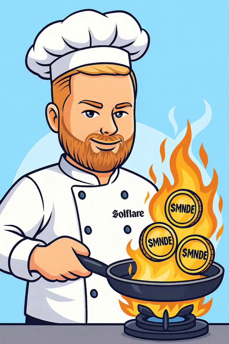 Cartoon chef cooking SMNDE tokens in a pan with flames