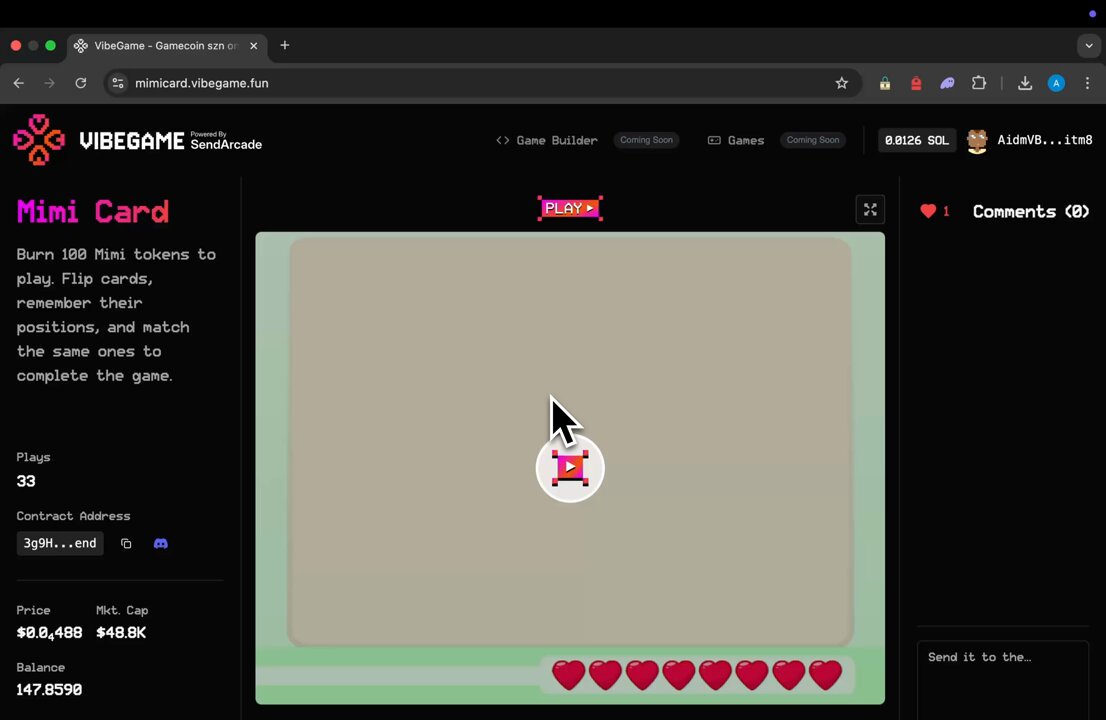 Screenshot of Mimi's on-chain memory card game interface