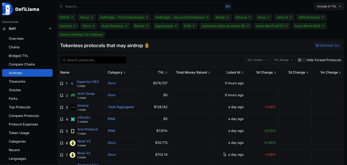 واجهة أداة صيد airdrop الجديدة من DefiLlama
