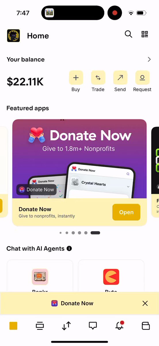 Screenshot of the Donate Now app on Coinbase Wallet showing a one-tap donation to the Internet Archive