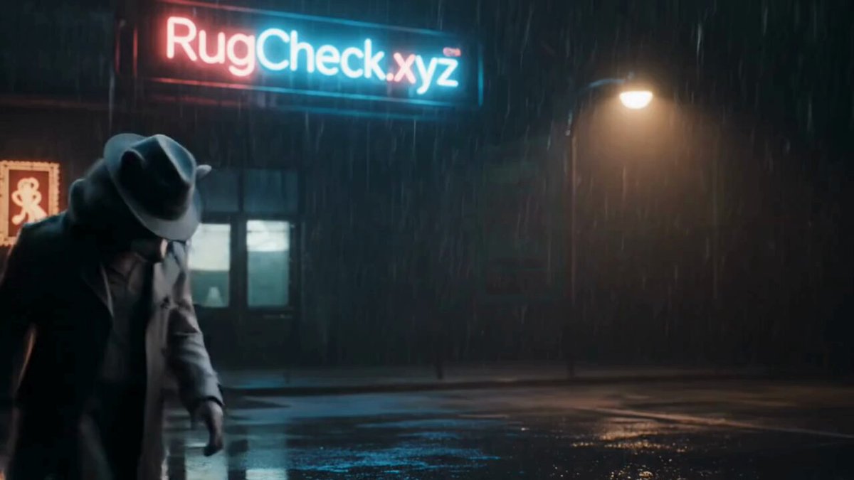 RugCheck.xyz neon sign with a detective figure