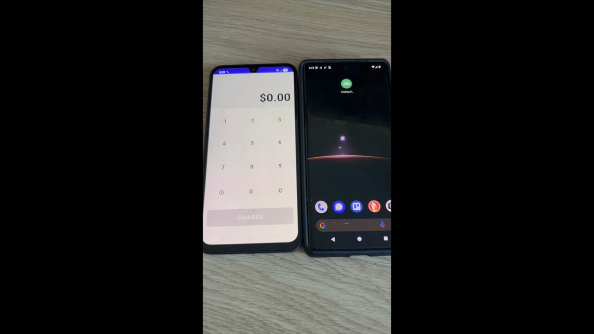 Two smartphones side by side, one displaying a payment terminal interface and the other showing a wallet app.