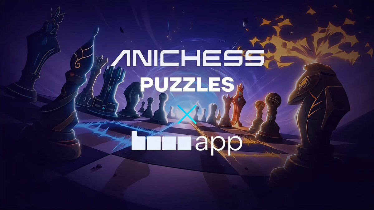 Anichess 谜题宣传图，展现带魔法元素的棋盘及文字 'ANICHESS PUZZLES x base app'
