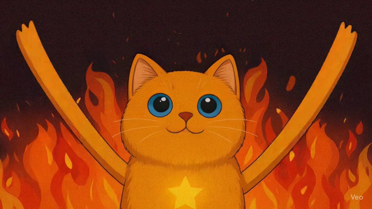 Animated cat with star eyes amidst flames, celebrating the Bonk token burn