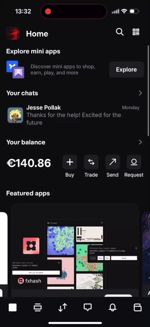 Base App home screen showing fxhash miniapp