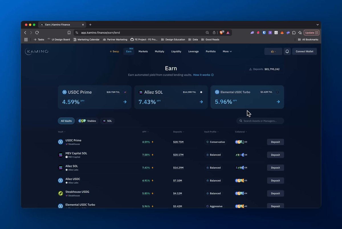 Kamino Finance Earn Vaults界面显示Vault Share Price