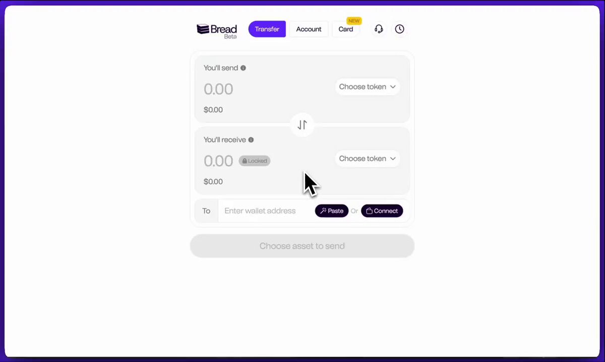 Bread platform interface showing crypto-to-cash conversion process