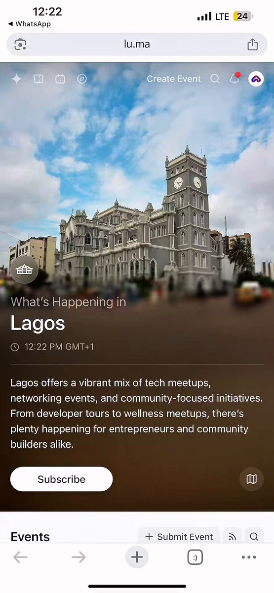 Screenshot of the 'What's Happening in Lagos' section on lu.ma, featuring Onchain Summer 3.0