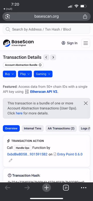 Screenshot from Basescan showing the transaction details of the SENB token distribution