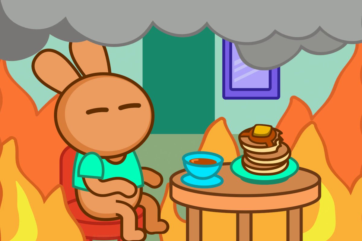 パンケーキとコーヒーのカップが置かれたテーブルで落ち着いて座る漫画のウサギのアニメーション画像、炎と暗い雲に囲まれている