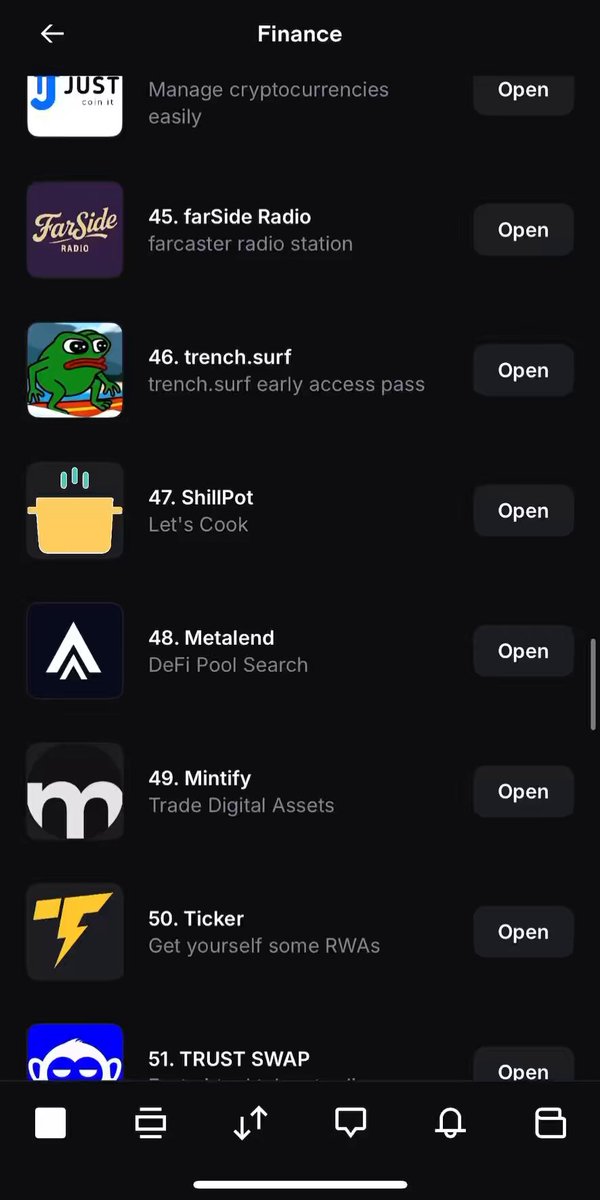 TrustSwap on Base App interface showing various finance applications