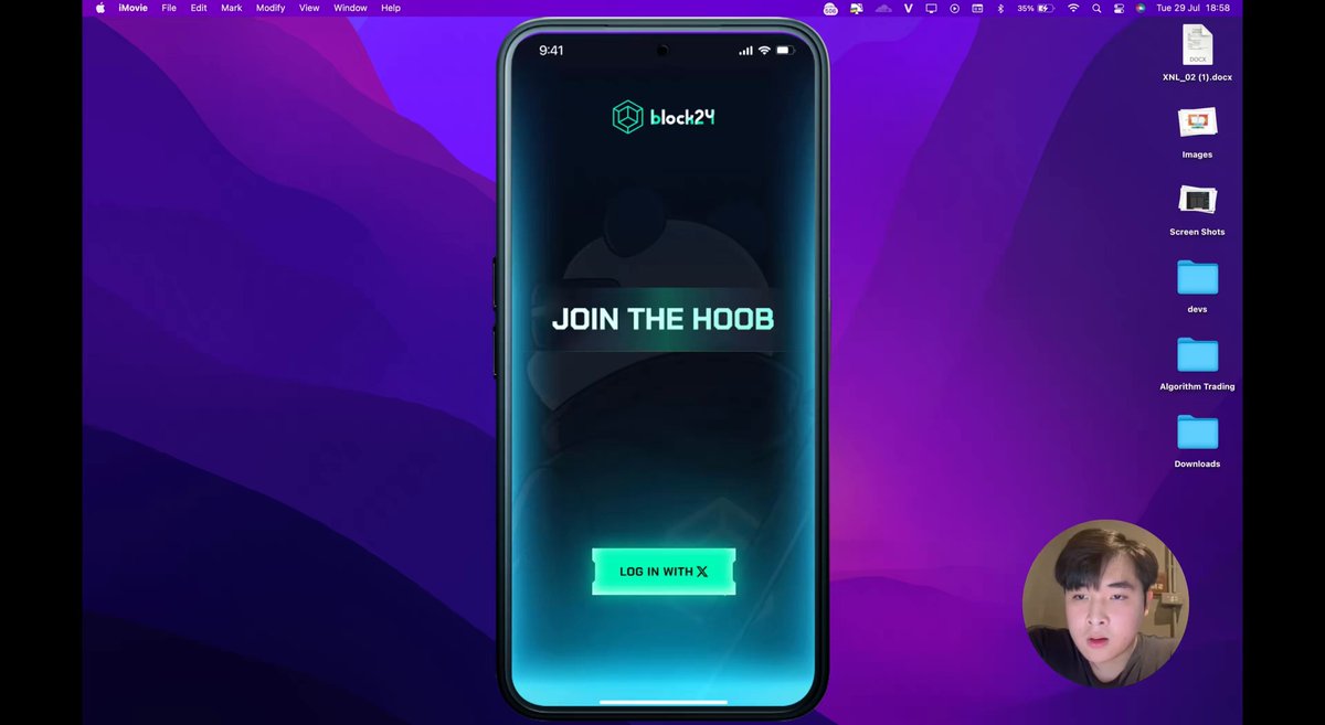 B24HUB app interface showing 'Join the Hoob' and login with X