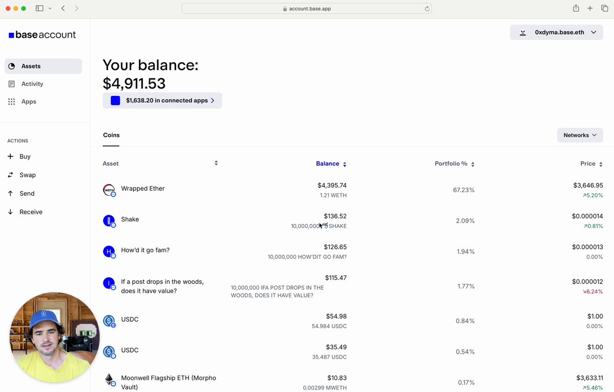 残高と資産の内訳を表示するBase Accountインターフェースのスクリーンショット