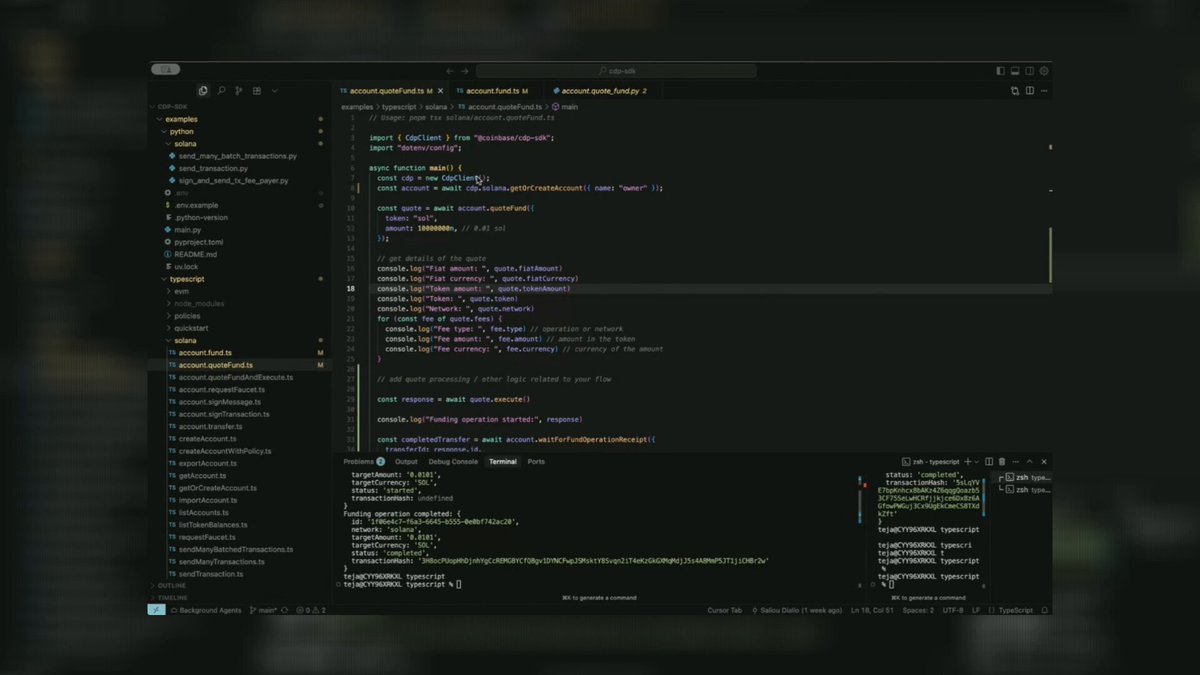 Code editor screenshot showing Solana wallet funding process