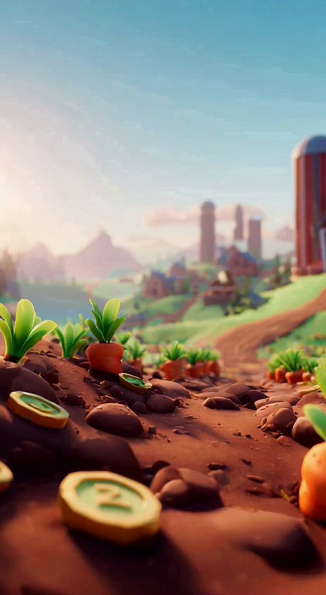 Rise of Farms 트레일러 스크린샷: 당근과 코인이 보이는 활기찬 농장 풍경