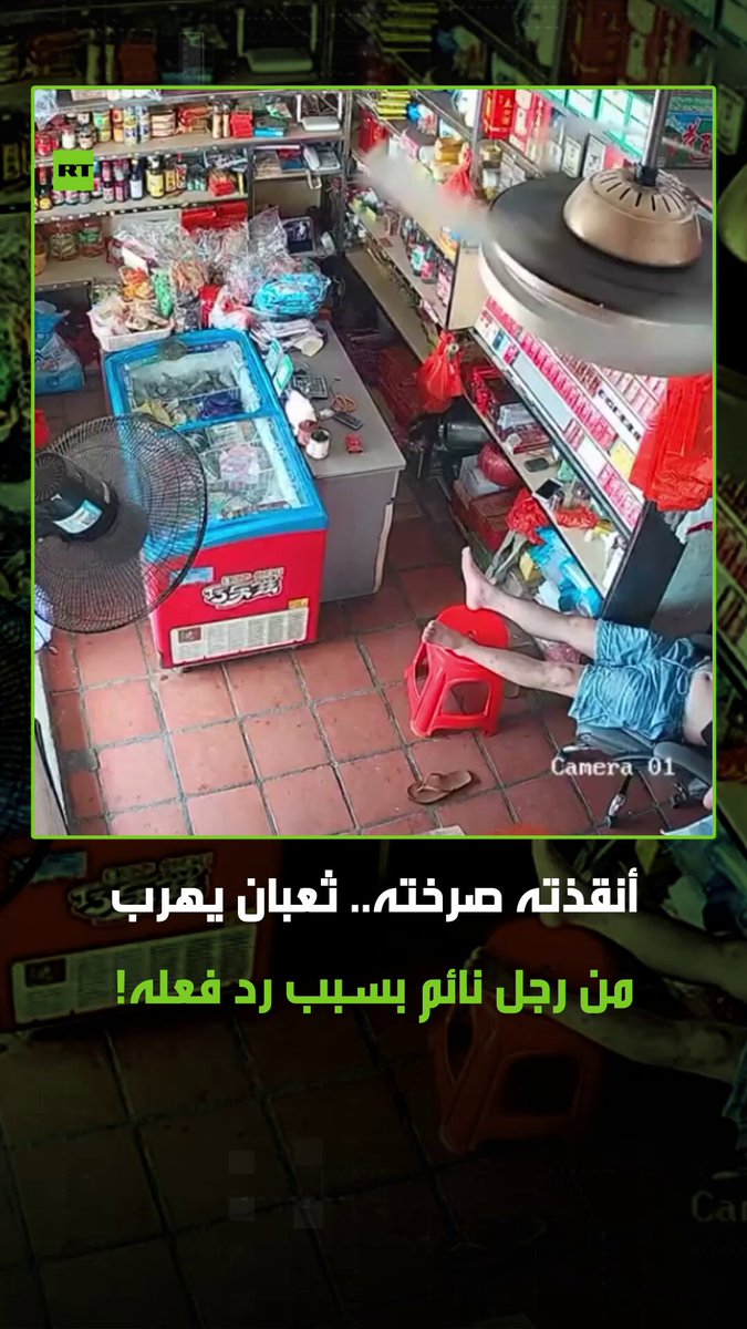 ثعبان كان يتجه نحو رجل نائم داخل متجر في الصين، لكن سرعان ما فرّ هاربا بسبب صراخ الرجل في مشهد طريف وثقته كاميرا المراقبة. #الصين 