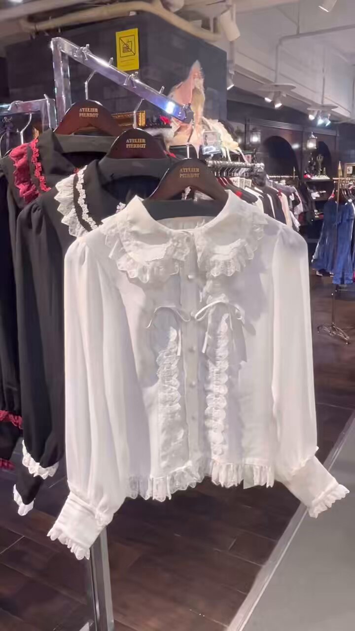 新品 アトリエピエロ ラッフルレースシャツ ロングシャツ ハイネック 新品 アトリエピエロ ラッフルレースシャツ ロングシャツ