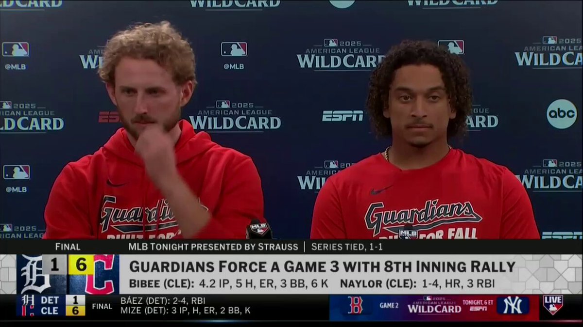 "It's important to understand that we're here for a reason. We know we have all the tools to go far in this game."

The @CleGuardians battery connection of Tanner Bibee and Bo Naylor spoke with the media after forcing a win-or-go-home Game 3 in Cleveland. 